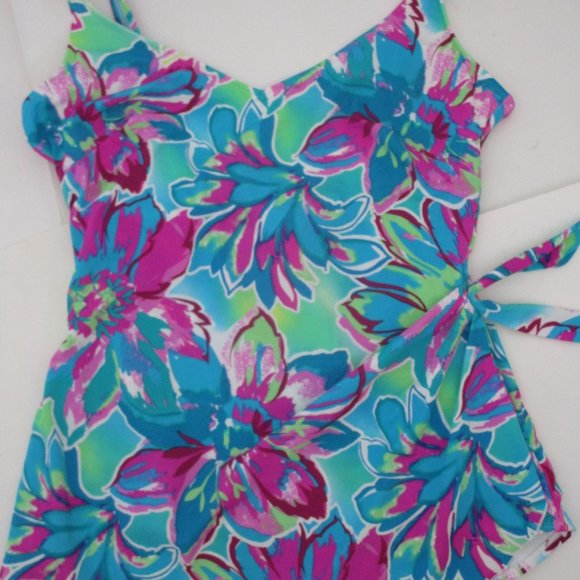 42D Tropical One Piece Shaper Swimsuit Bright Teal Pink Lime - Picture 1 of 10